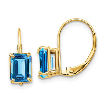 14k Yellow Gold 7x5mm Emerald Cut Blue Topaz Dangle Earrings Leverback