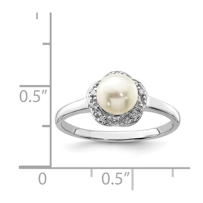 Sterling Silver Rhodium 6mm FW Cultured Button Pearl & Diamond Ring Size 7