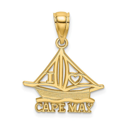 14k Yellow Gold I HEART CAPE MAY  Cut-Out Boat Charm Pendant for Women