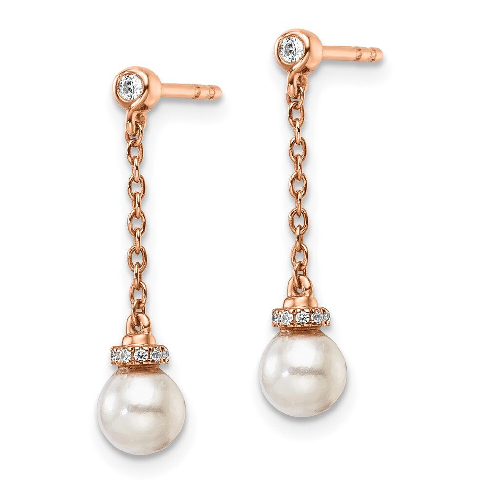 14K Rose Gold Polished Diamond and Pearl Chain Dangle Earrings