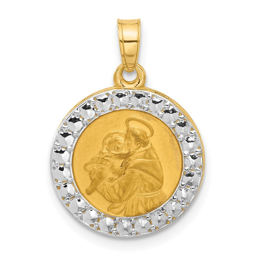 14k Yellow Gold with White Rhodium Hollow St. Anthony Medal Pendant for Women