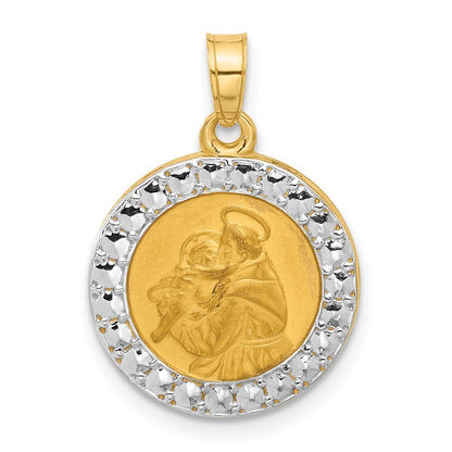 14k Yellow Gold with White Rhodium Hollow St. Anthony Medal Pendant for Women