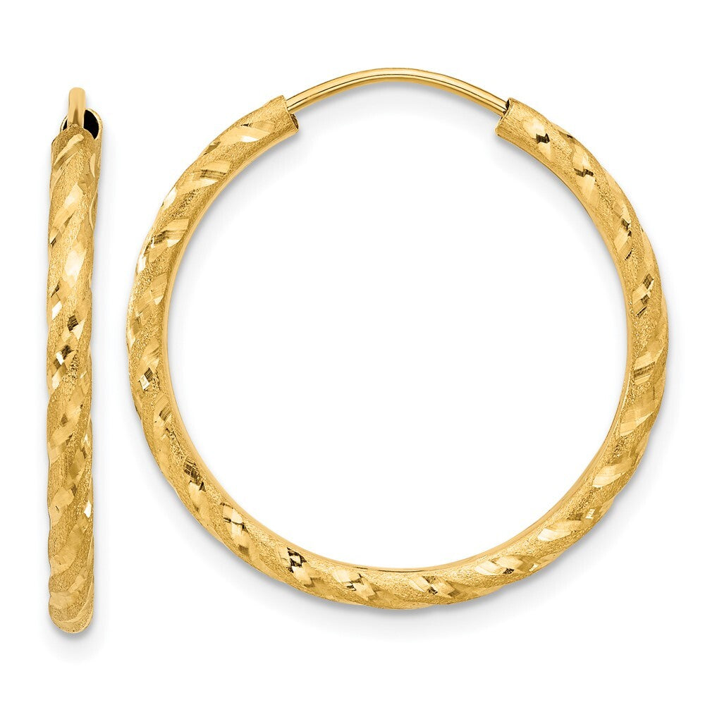 14k Yellow Gold Polished and Satin Diamond-Cut 2.00mm Endless Hoop Earrings