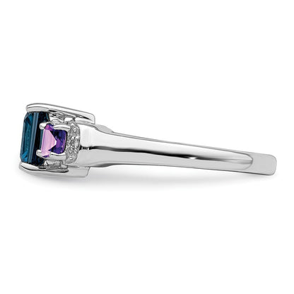 Sterling Silver Rhodium London Blue Topaz, Amethyst & Diamond Ring Size 8