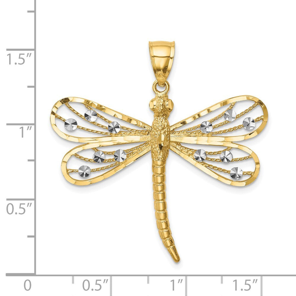 14k Yellow Gold Diamond-cut White Rhodium Dragonfly Pendant for Women