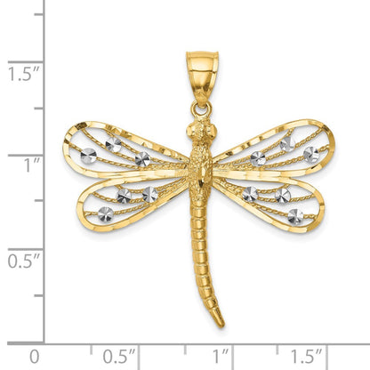 14k Yellow Gold Diamond-cut White Rhodium Dragonfly Pendant for Women