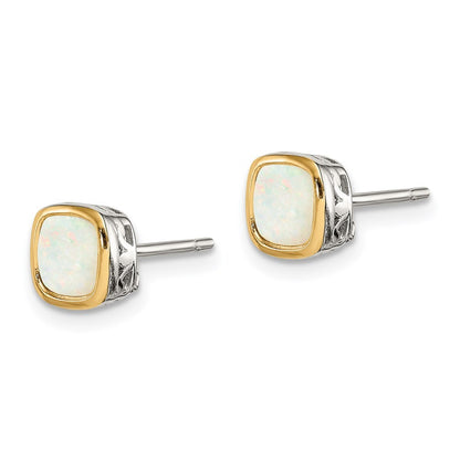 Sterling Silver Rhodium-plated with 14k Accent Milky Opal Square Stud Earrings