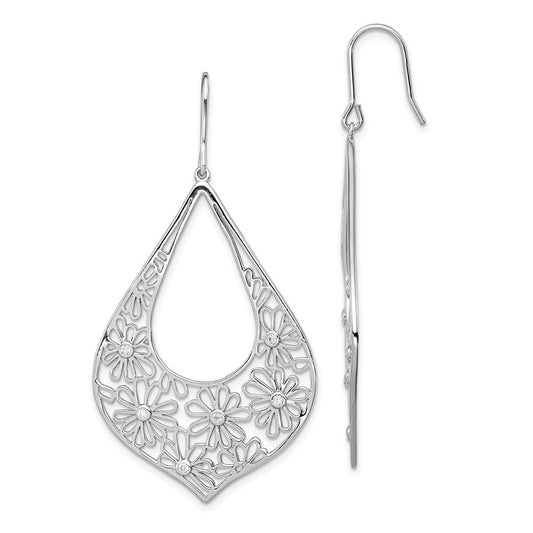 Sterling Silver Polished Cubic Zirconia Floral Teardrop Dangle Earrings
