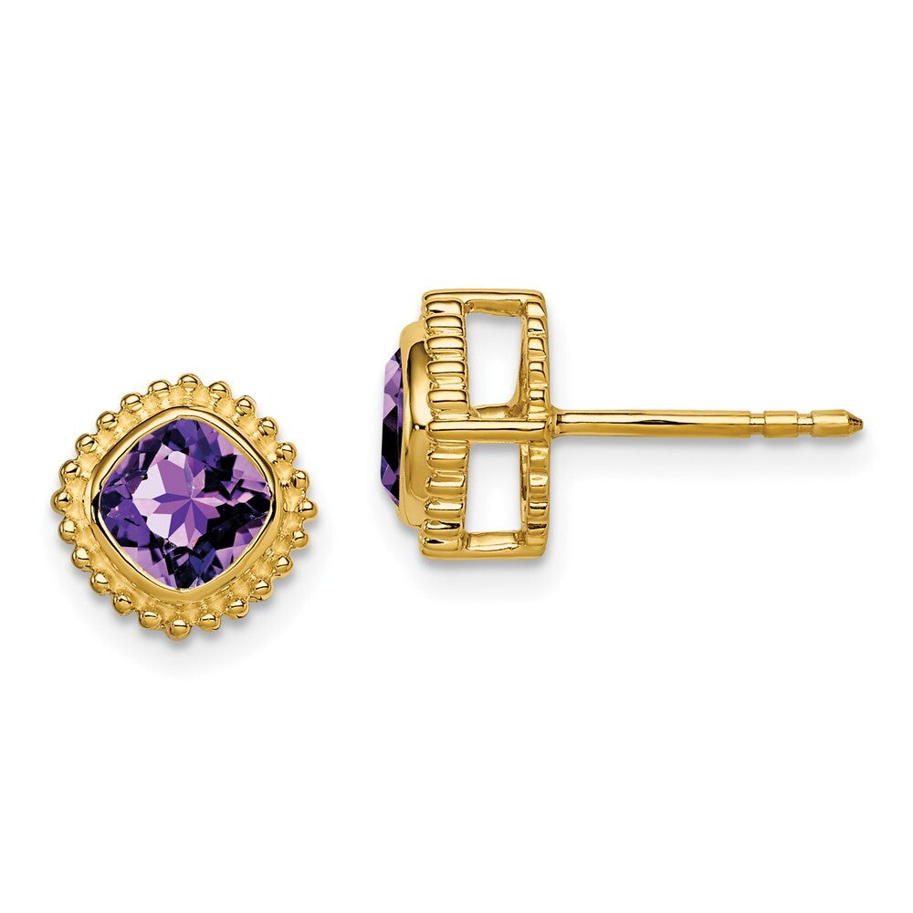 14k Yellow Gold Cushion Amethyst Stud Earrings
