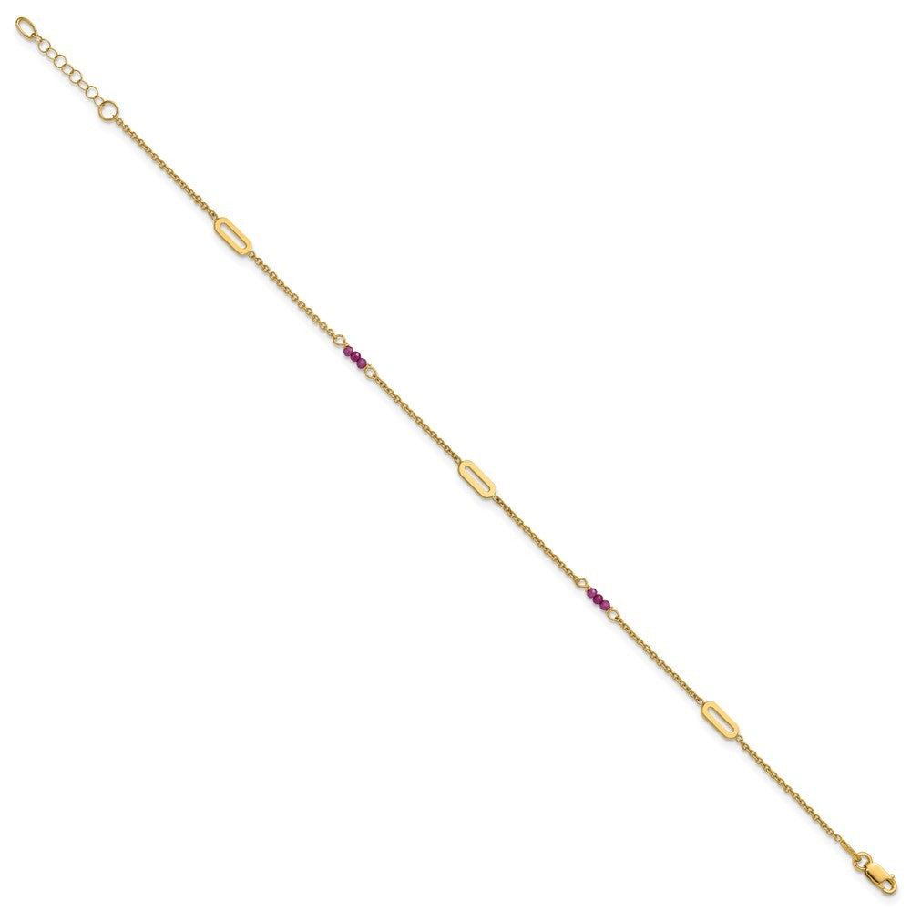14k Yellow Gold Polished Red Corundum Beads and Ovals 10" Anklet