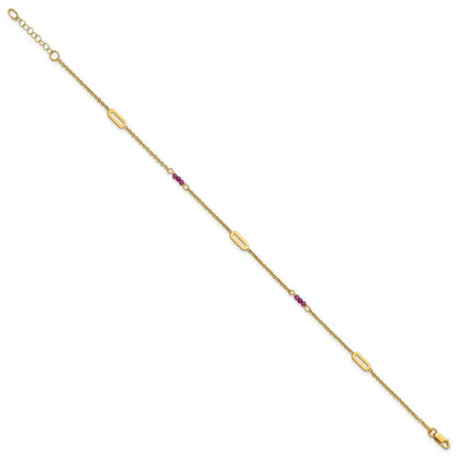 14k Yellow Gold Polished Red Corundum Beads and Ovals 10" Anklet