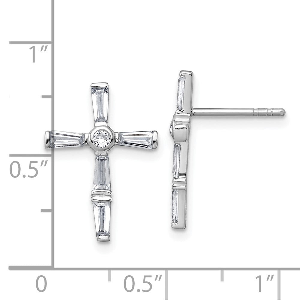 Sterling Silver Rhodium-plated Polished White Baguette CZ Cross Earrings