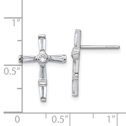 Sterling Silver Rhodium-plated Polished White Baguette CZ Cross Earrings