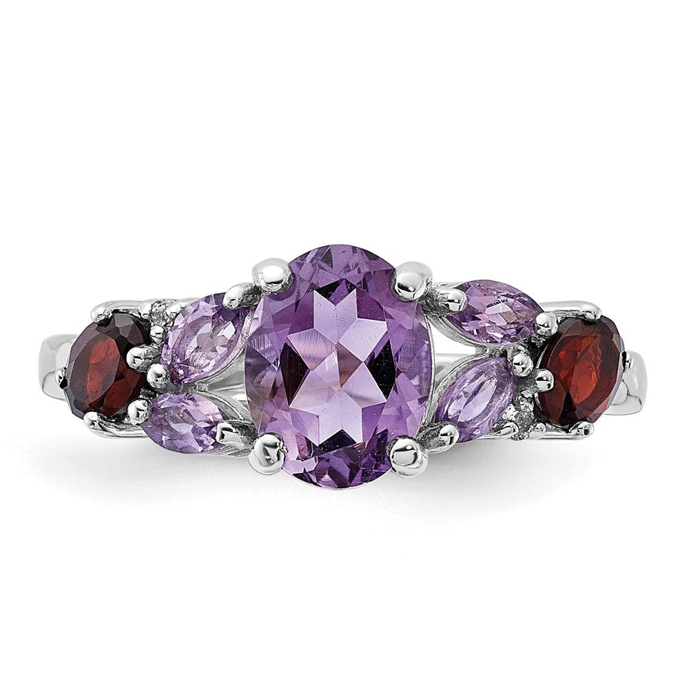 Sterling Silver Rh-plated Amethyst Pk Quartz Garnet and White Topaz Ring Size 6
