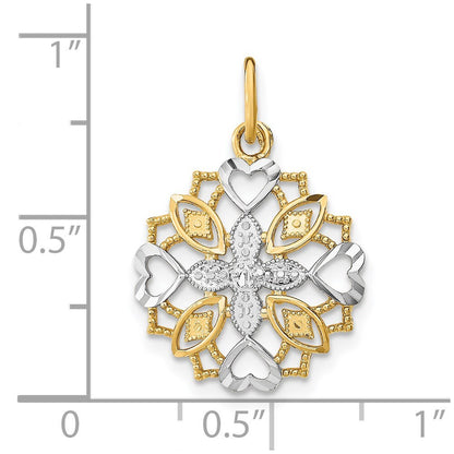 14k Yellow Gold Rhodium Center Flower and Heart Charm Pendant for Women