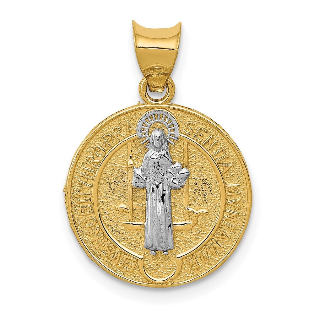 14k Yellow Gold With Rhodium Circle St. Benedict Medal Pendant