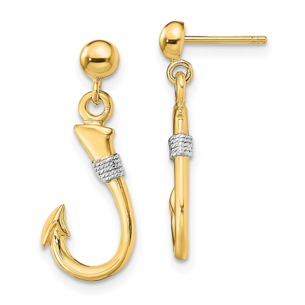 14k Yellow Gold Rhodium 3-D Fish Hook Rope Dangle Earrings Gift for Women