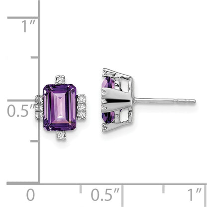 14k White Gold Emerald-shape Amethyst and Diamond Stud Earrings