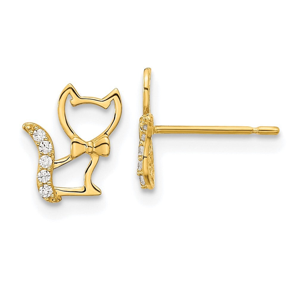 14k Yellow Gold Childrens Kitten Cubic Zirconia Tail Stud Earrings