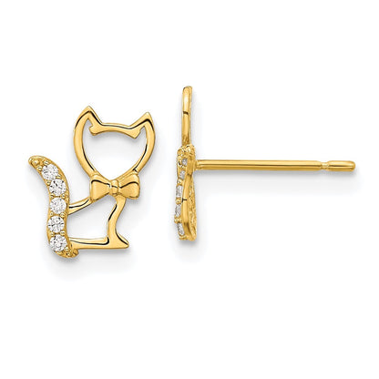 14k Yellow Gold Childrens Kitten Cubic Zirconia Tail Stud Earrings