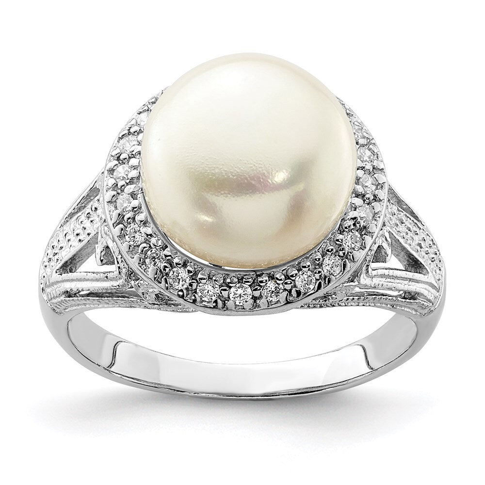 Sterling Silver 10-11mm White Button Freshwater Cultured Pearl and CZ Ring
