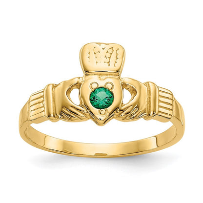 14K Yellow Gold Green CZ Claddagh Ring