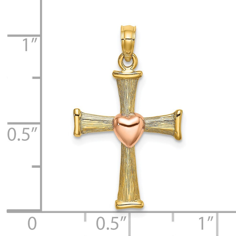 14k Two-tone Gold Textured Finish Cross  Heart Charm Pendant