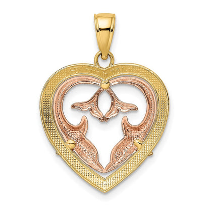 14k Two-tone Gold White Rhodium Dolphins In Heart Frame Charm Pendant