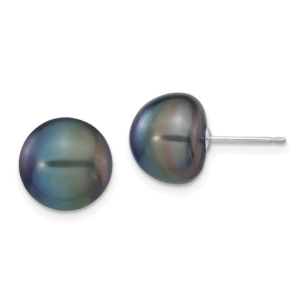 14k White Gold 10-11mm Black Button Freshwater Cultured Pearl Stud Earrings