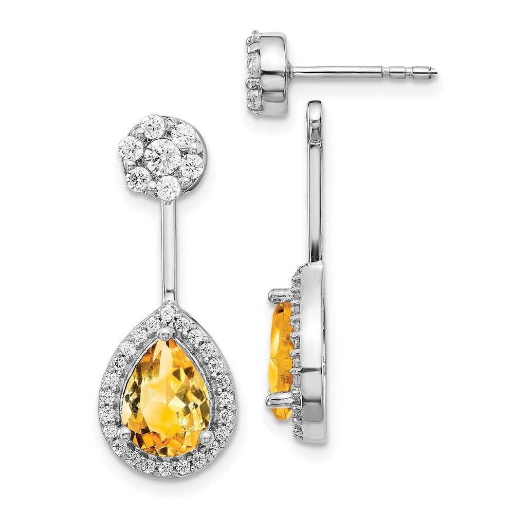 14k White Gold Diamond/Pear Citrine Front/Back Drop & Dangle Earrings