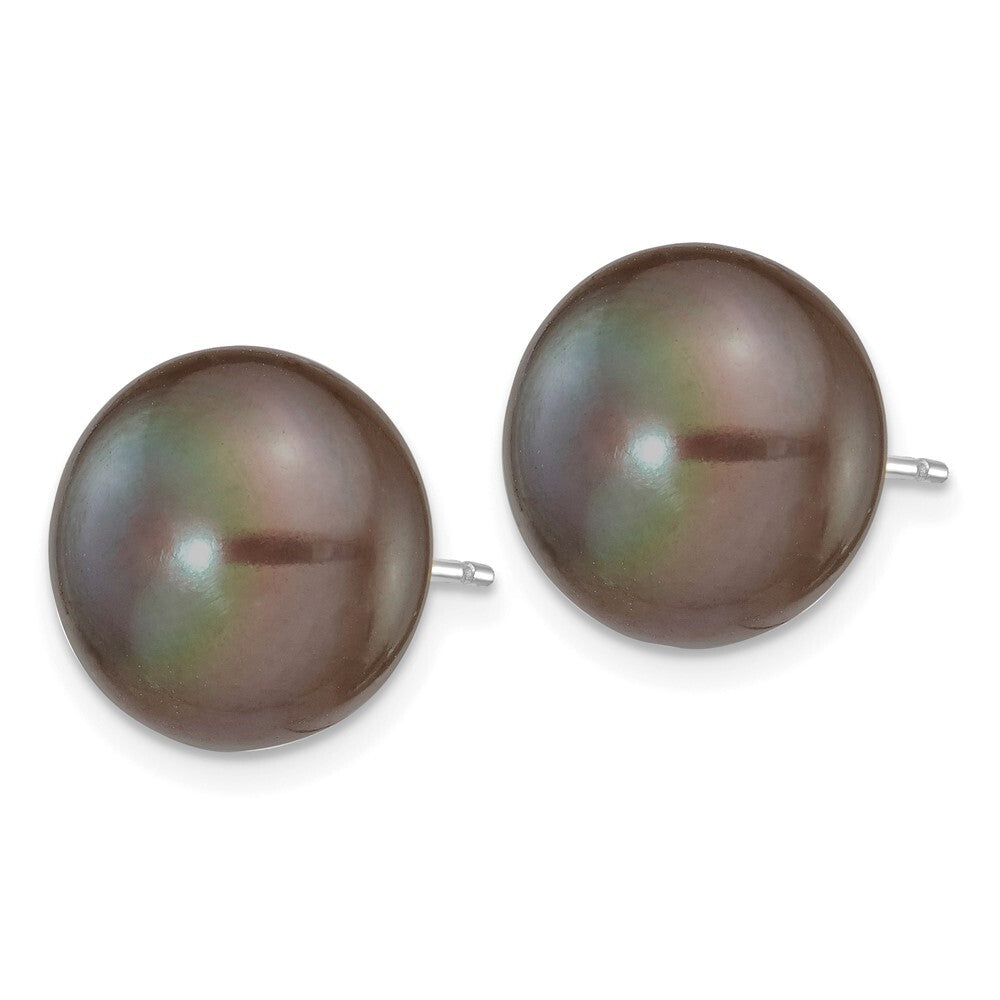 14k White Gold 11-12mm Black Button Freshwater Cultured Pearl Stud Earrings