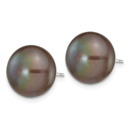 14k White Gold 11-12mm Black Button Freshwater Cultured Pearl Stud Earrings