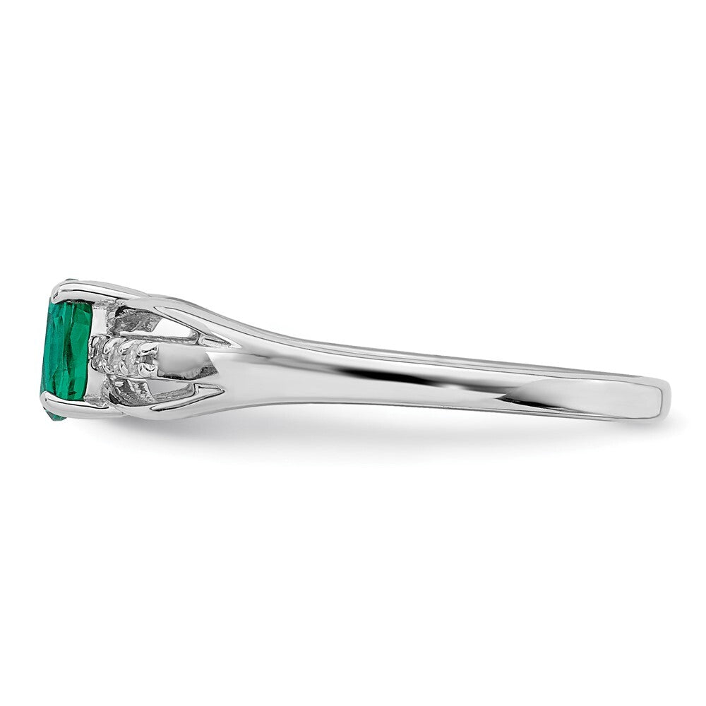 Sterling Silver Rhod-plated Diamond Created Emerald Ring Size 6