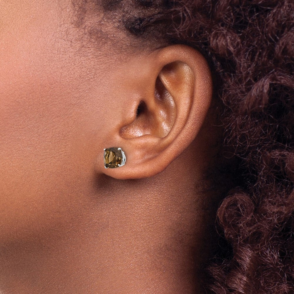 14k White Gold 7mm Cushion Checker-Cut Smoky Quartz Earrings Gift for Women