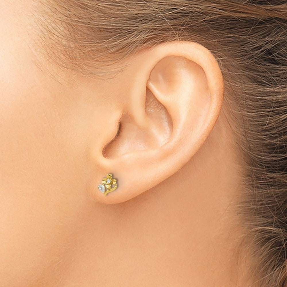 14k Yellow Gold Polished Cubic Zirconia Flower Stud Earrings Gift for Women