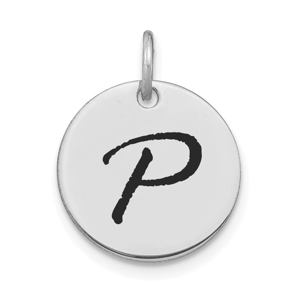 14K White Polished Black Enamel Letter P Initial Disk Charm