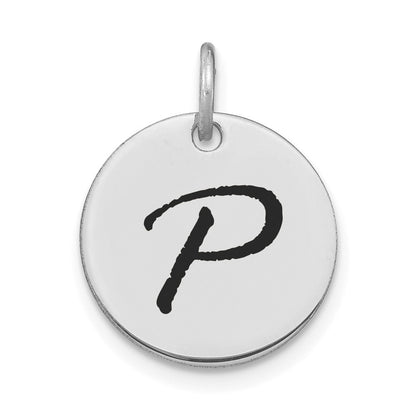 14K White Polished Black Enamel Letter P Initial Disk Charm