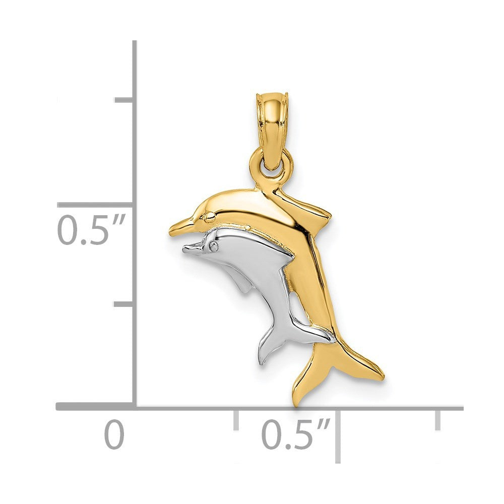 14k Yellow Gold w/ Rhodium 2-D Polished Dolphins Charm