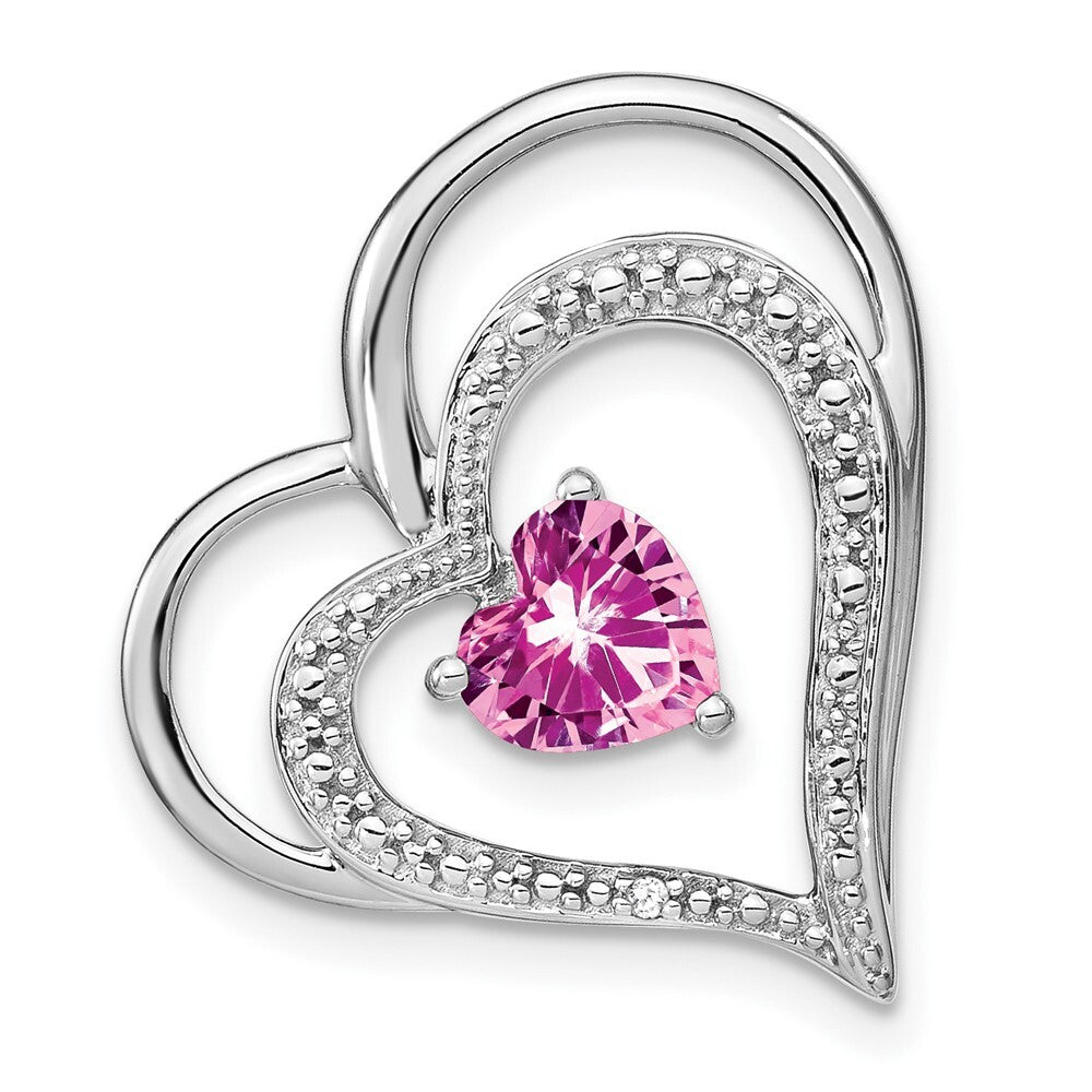 14k White Gold Created Pink Sapphire/Diamond Heart Chain Slide Pendant for Women