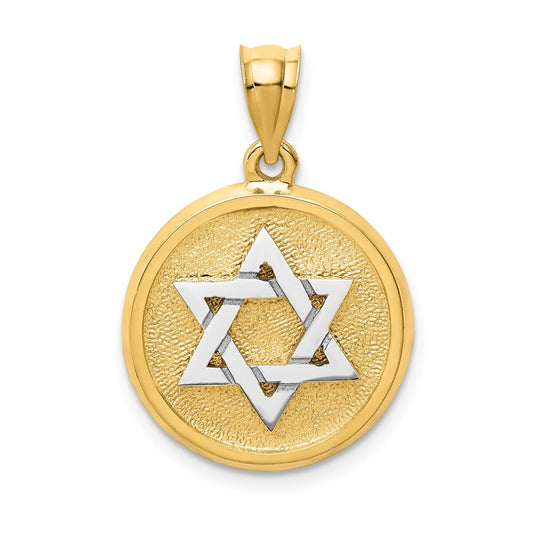 14k Two-tone Gold  Solid Satin Finish Flat Back Star of David Disc Charm Pendant