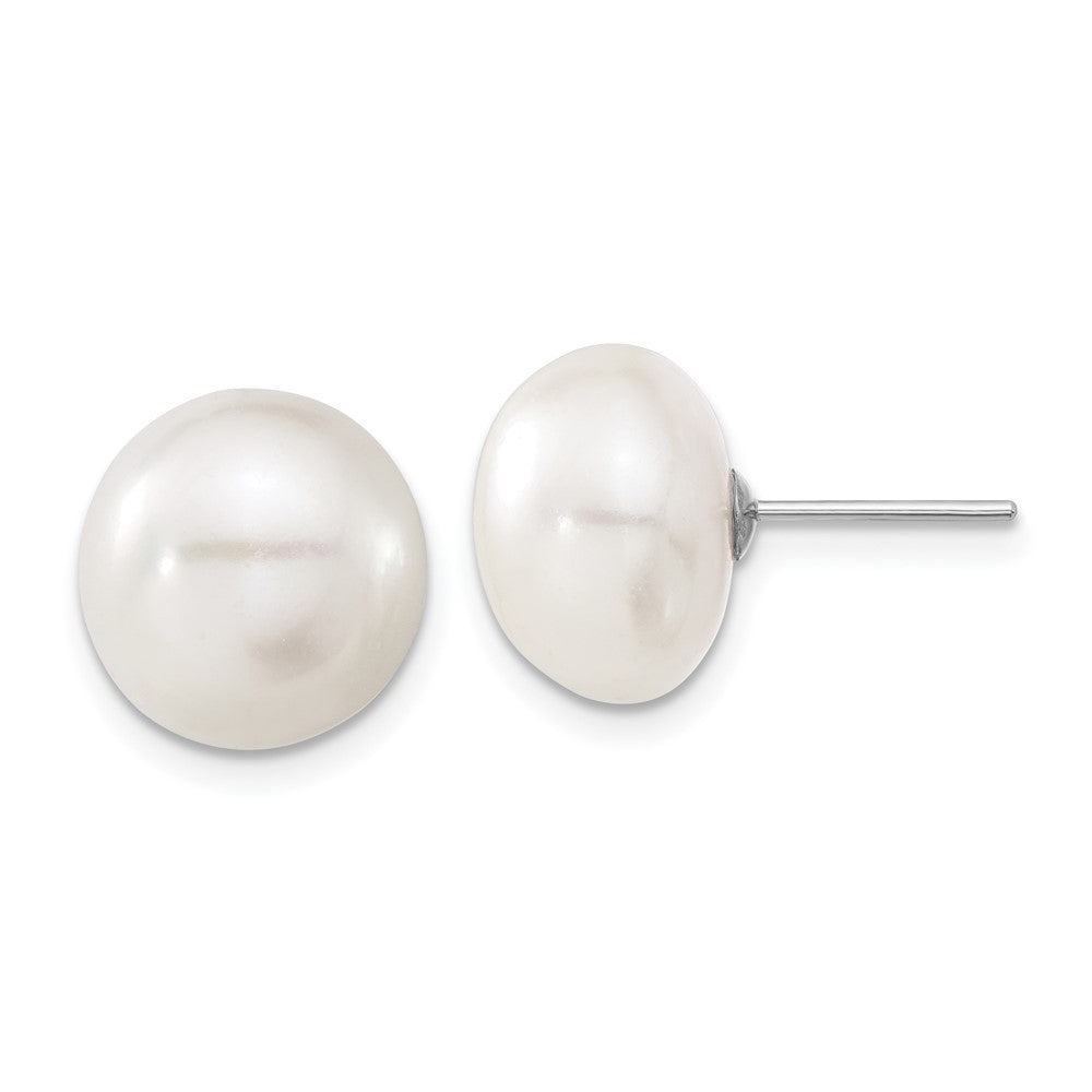 14k White Gold 11-12mm White Button Freshwater Cultured Pearl Stud Earrings