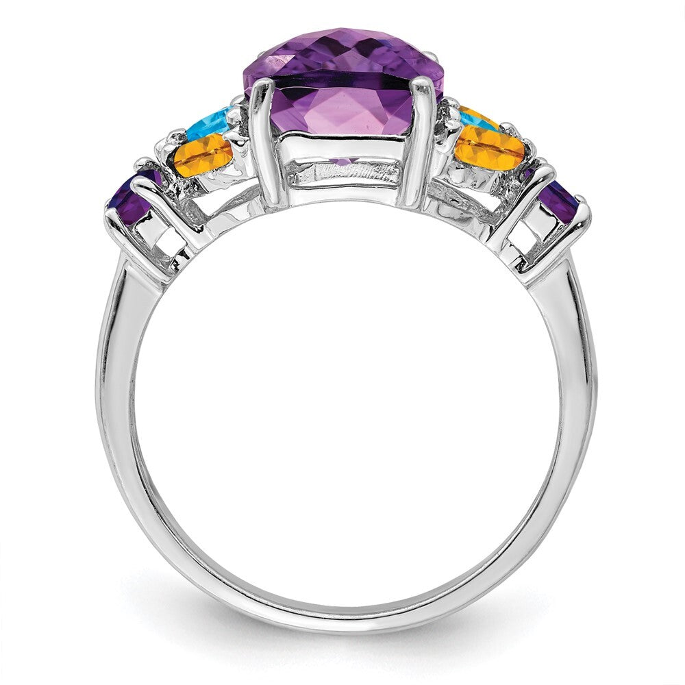 Sterling Silver Rhodium-plated Amethyst, Blue Topaz & Citrine Ring Size 6