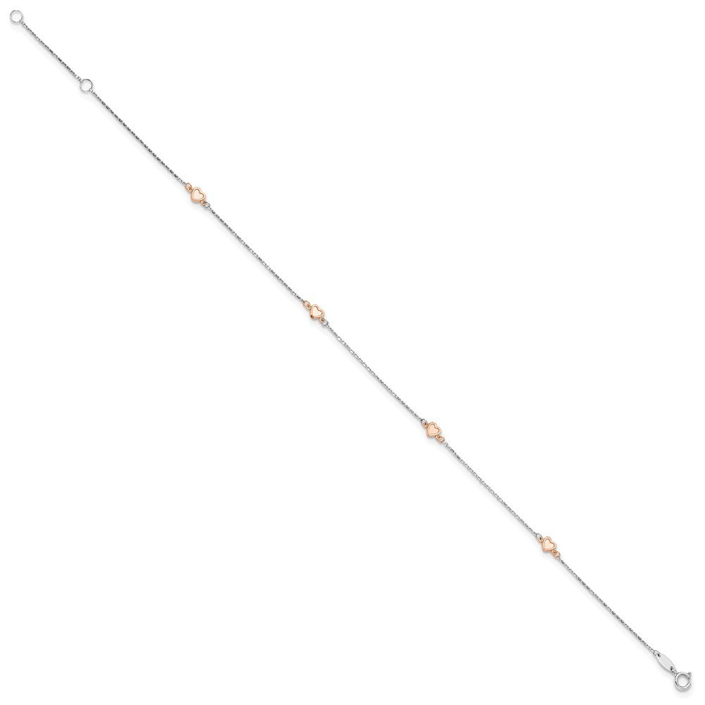 14K White and Rose Gold Satin Hearts 4-Station Anklet 10"