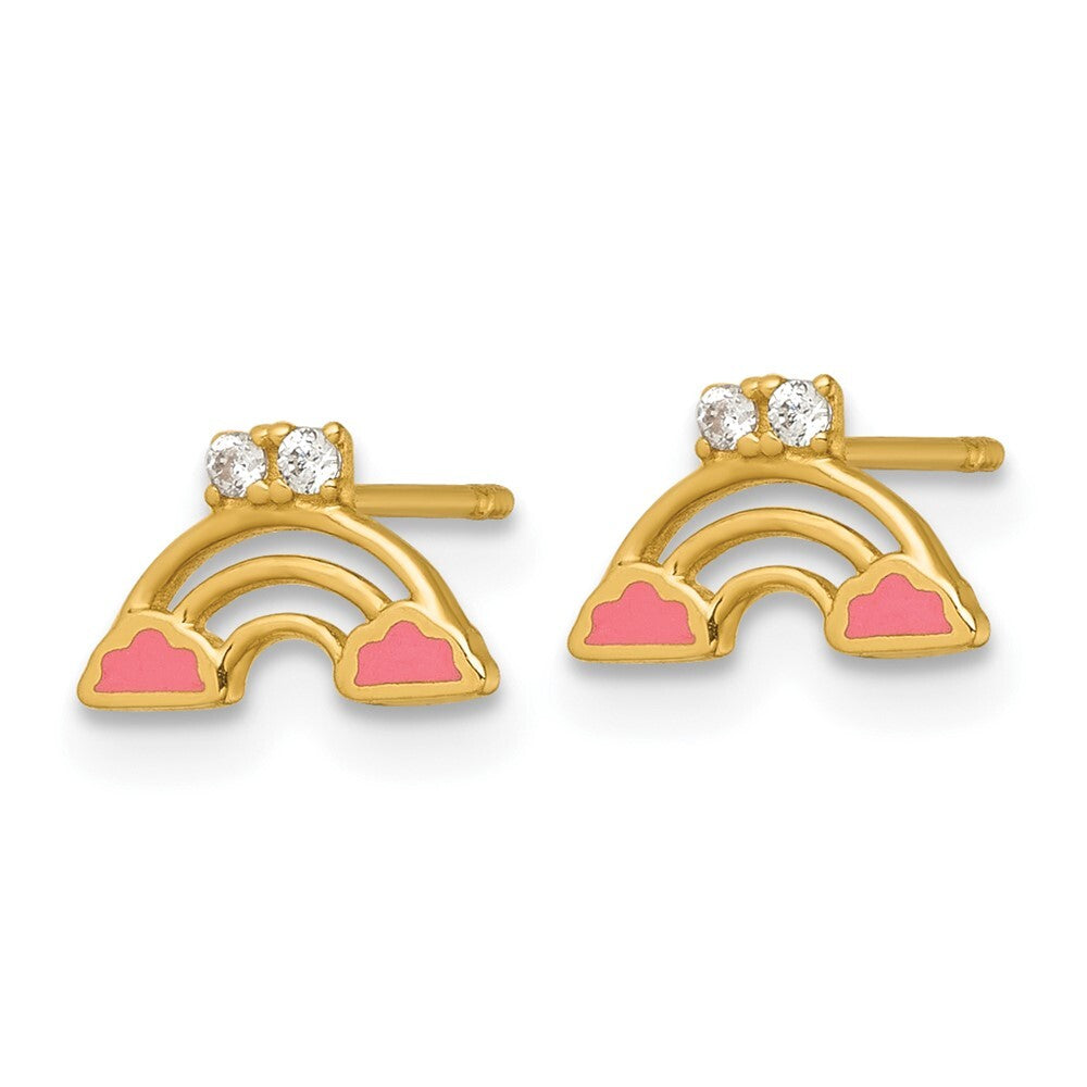 14k Yellow Gold Polished Pink Enamel and Cubic Zirconia Rainbow Stud Earrings