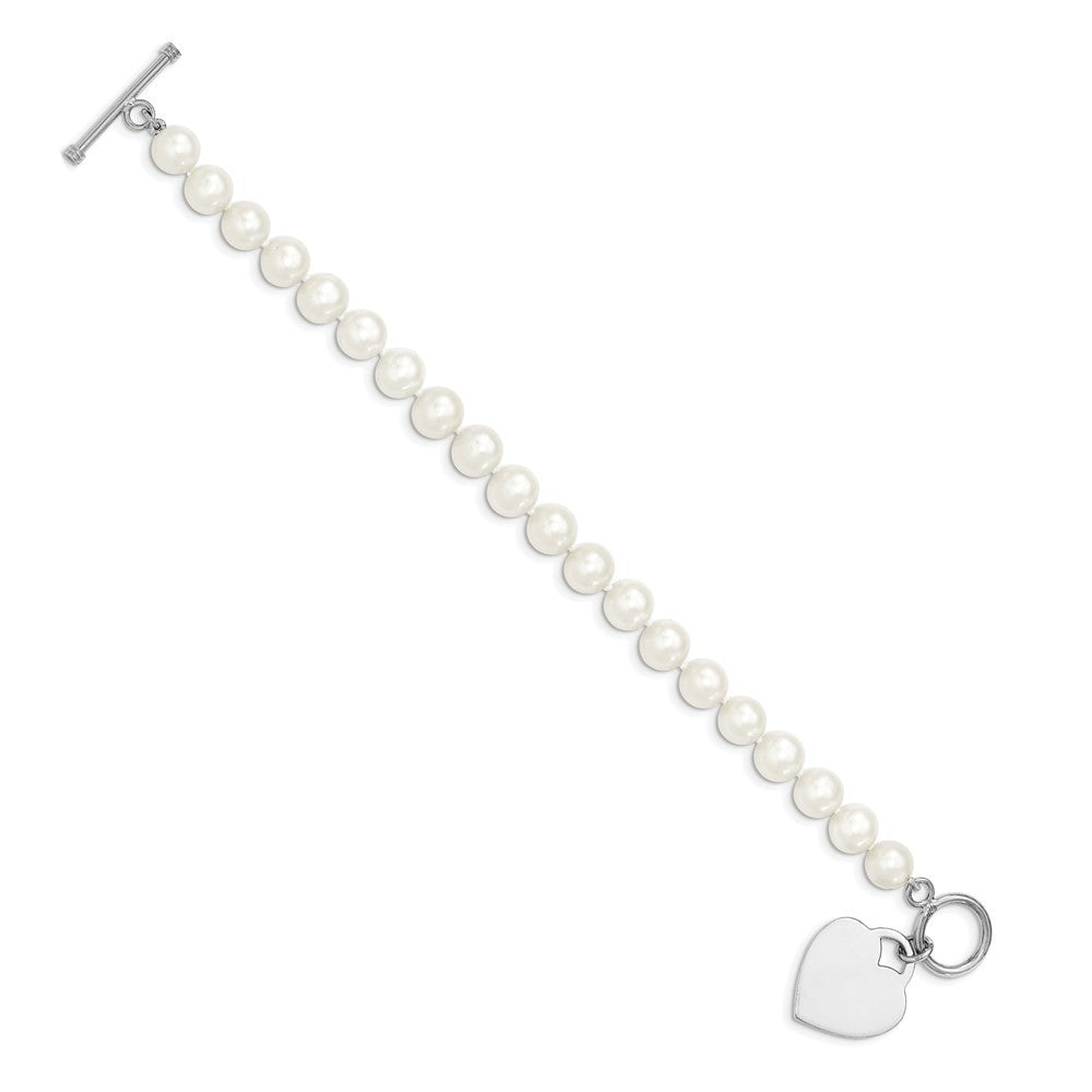 Sterling Silver 8-9mm White Near-Round Cultured Pearl Heart Toggle 7.5" Bracelet