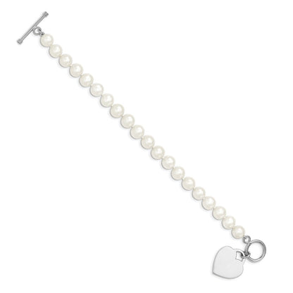 Sterling Silver 8-9mm White Near-Round Cultured Pearl Heart Toggle 7.5" Bracelet