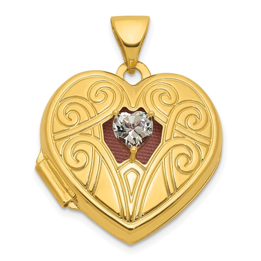 14k Yellow Gold Polished White Topaz April Birthstone 18mm Heart Locket Pendant