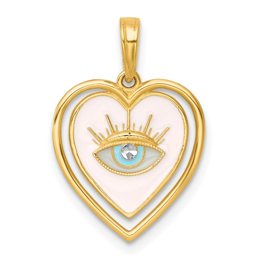 14k Yellow Gold White Rhodium Multi Color Enamel Eye In Heart Charm Pendant