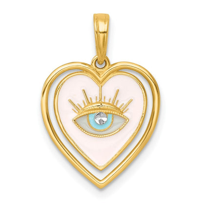 14k Yellow Gold White Rhodium Multi Color Enamel Eye In Heart Charm Pendant
