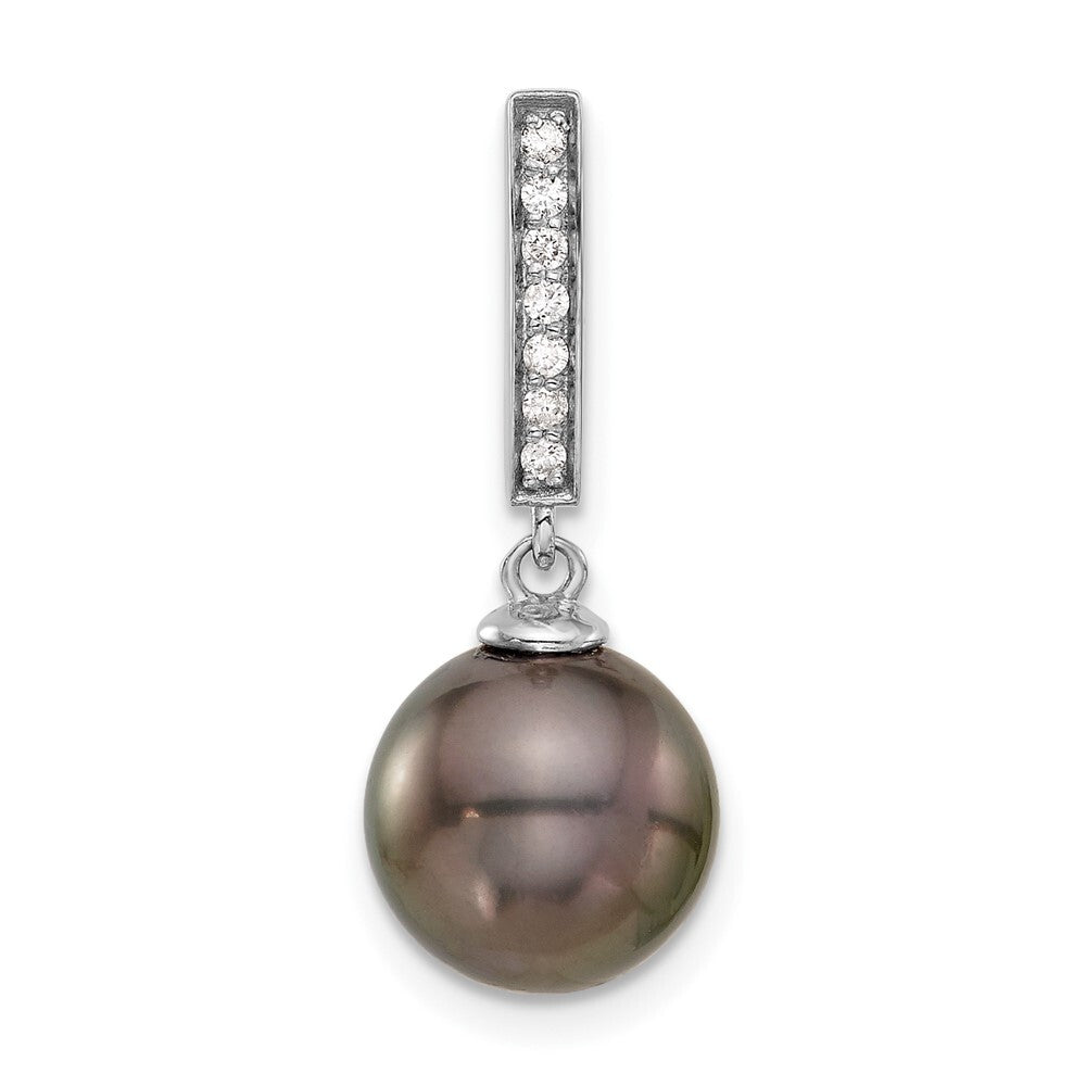 14k White Gold 11mm Black Saltwater Cultured Pearl & Diamond Dangle Chain Slide